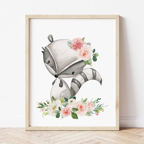 Raccoon Woodland Animals Boho Pink Flowers Photo Print