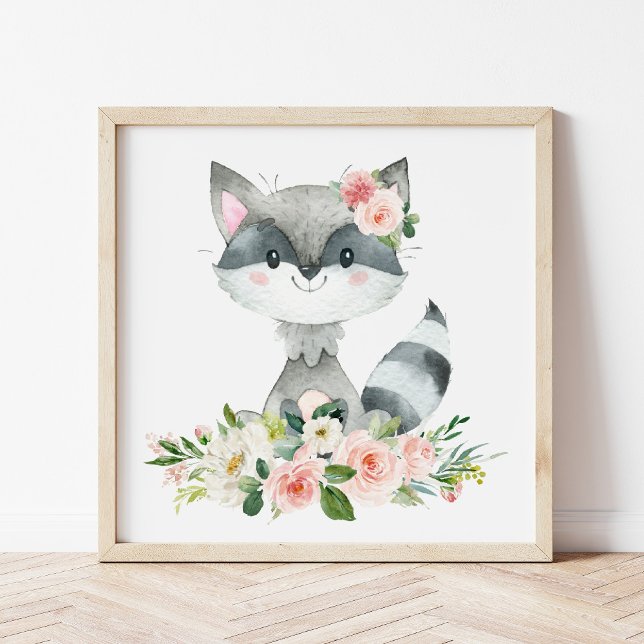 Raccoon, Woodland Animals, Boho, Pink Flowers Poster (Creator Uploaded)
