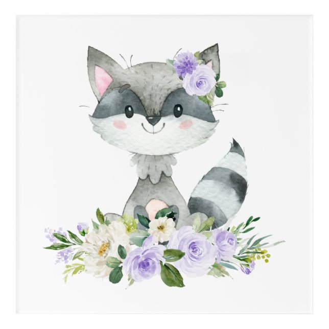 Raccoon, Woodland Animals, Boho, Purple Flowers Acrylic Print (Front)