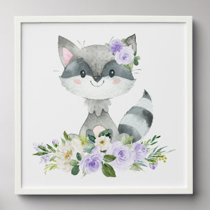 Raccoon, Woodland Animals, Boho, Purple Flowers Peel And Stick Photo Tile