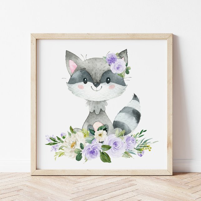 Raccoon, Woodland Animals, Boho, Purple Flowers Photo Print (Creator Uploaded)