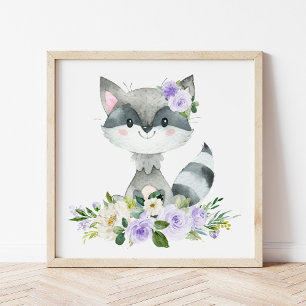 Raccoon, Woodland Animals, Boho, Purple Flowers Poster