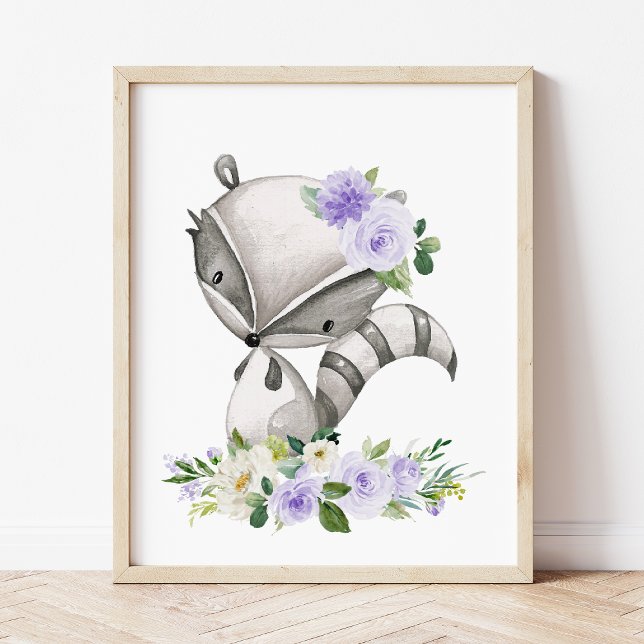 Raccoon, Woodland Animals, Boho, Purple Flowers Poster (Creator Uploaded)