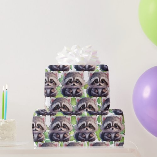 Raccoon woodland animals forest friends wrapping paper