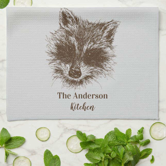 Raccoon Woodland Creature Drawing Personalized Kitchen Towel (Folded)