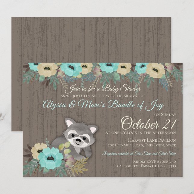 Raccoon Woodland Floral Baby Shower Invitation (Front/Back)