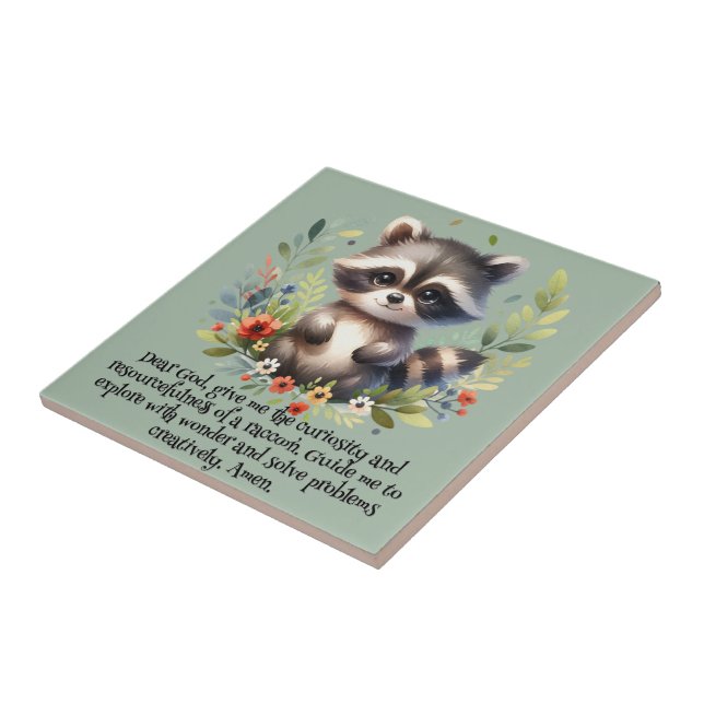 Raccoon Woodland Kids Christian Prayer on Blue | Ceramic Tile (Side)