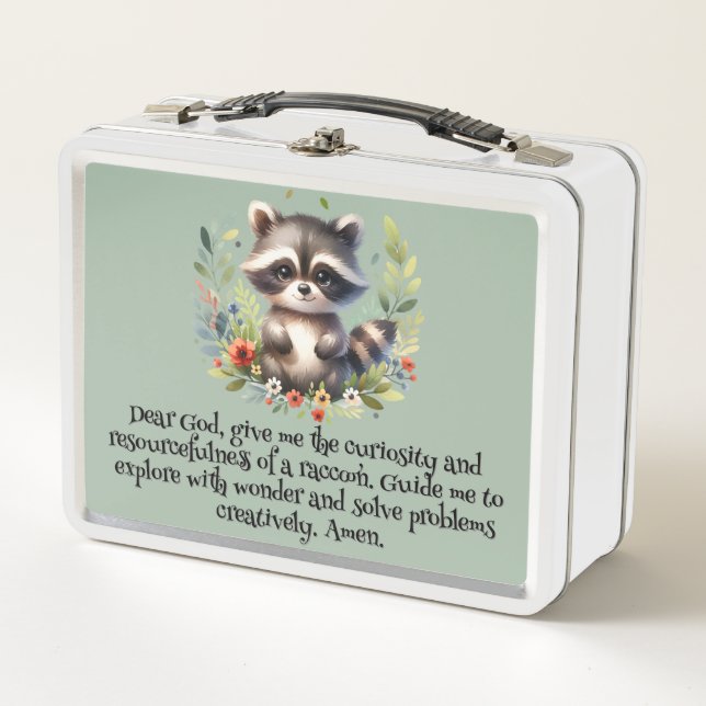 Raccoon Woodland Kids Christian Prayer on Blue |  Metal Lunch Box (Front)
