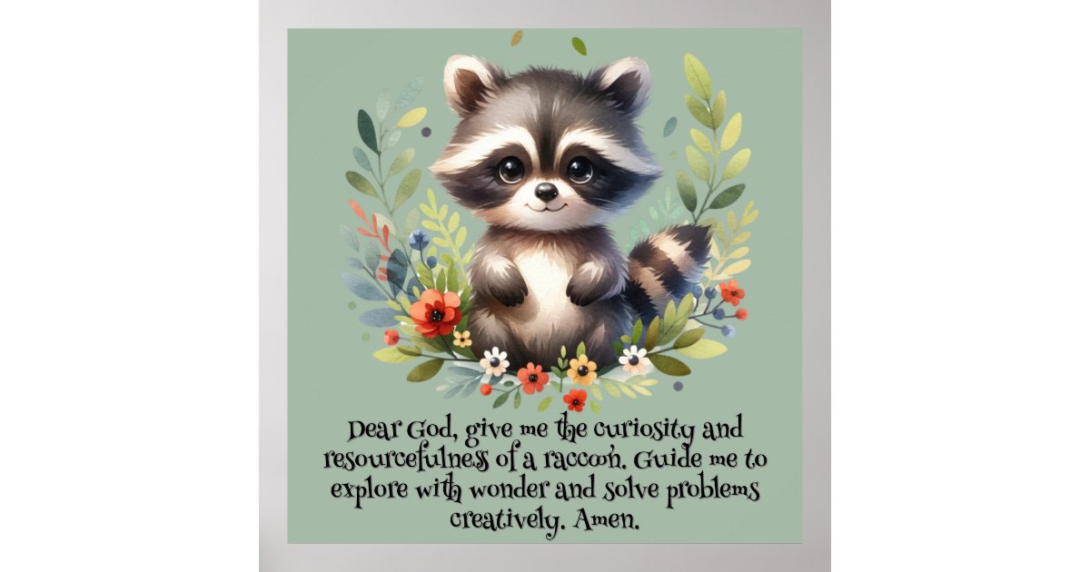 Raccoon Woodland Kids Christian Prayer on Blue | Poster | Zazzle