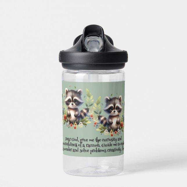 Raccoon Woodland Kids Christian Prayer on Blue | Water Bottle (Front)