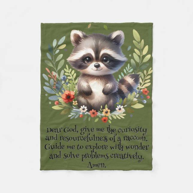 Raccoon Woodland Kids Christian Prayer on Green | Fleece Blanket (Front)