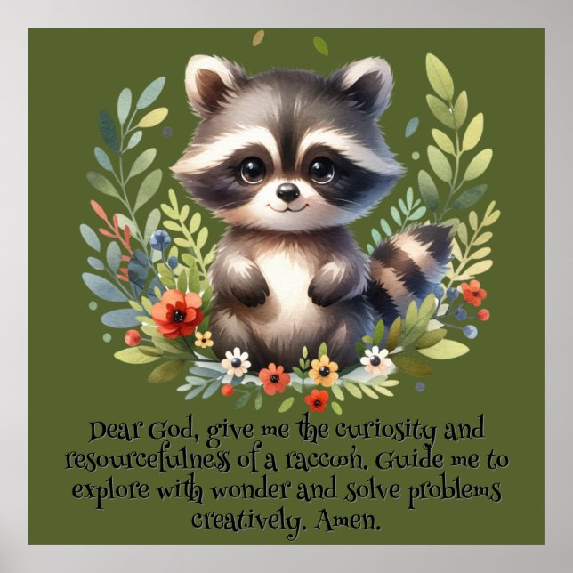 Raccoon Woodland Kids Christian Prayer on Green | Poster (Front)