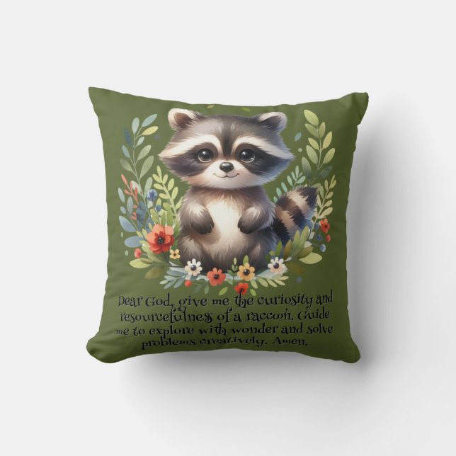 Raccoon Woodland Kids Christian Prayer on Green |  Throw Pillow (Front)