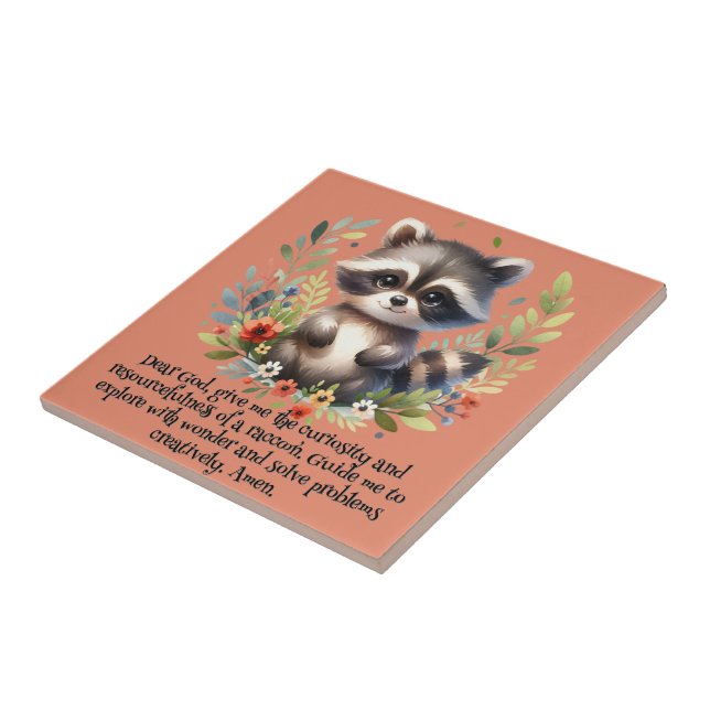 Raccoon Woodland Kids Christian Prayer on Pink | Ceramic Tile (Side)