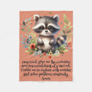 Raccoon Woodland Kids Christian Prayer on Pink Fleece Blanket