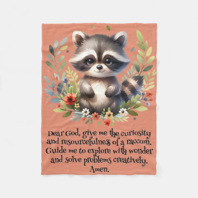 Raccoon Woodland Kids Christian Prayer on Pink | Fleece Blanket (Front)