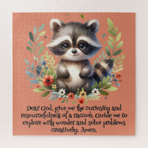 Raccoon Woodland Kids Christian Prayer on Pink Jigsaw Puzzle