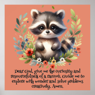Raccoon Woodland Kids Christian Prayer on Pink   Poster
