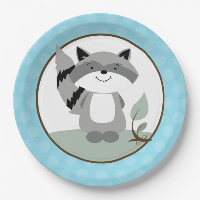 Raccoon Woodland Nature Paper Plate | Teal (Front)
