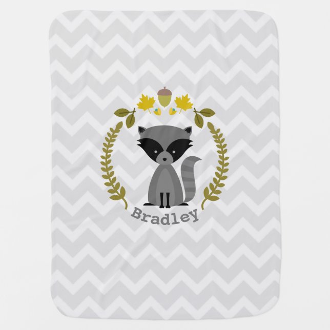 Raccoon Wreath Gray Chevron Baby Blanket - Boy (Front)
