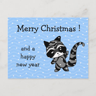 raccoon xmas snow holiday postcard