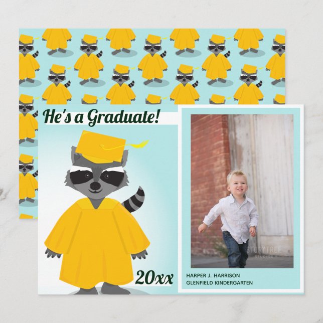 Raccoon Yellow Blue Graduation Photo Announcement (Front/Back)