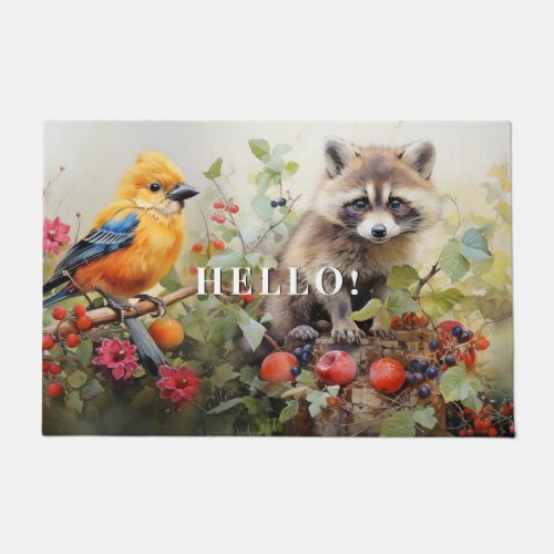 Raccoon Yellow Finch Woodland Vines Apples Doormat