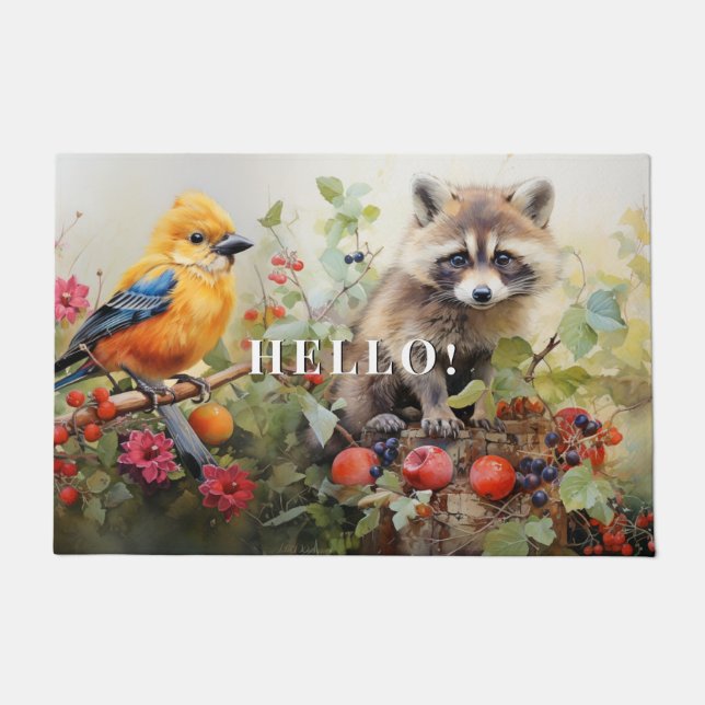 Raccoon Yellow Finch Woodland Vines Apples Doormat (Front)