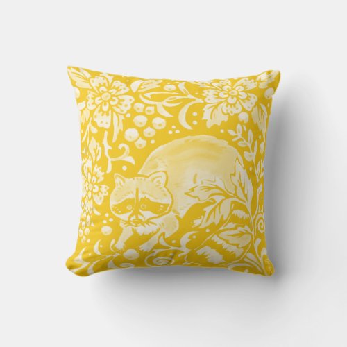 Raccoon Yellow Woodland Animal Floral Whimsical Throw Pillow