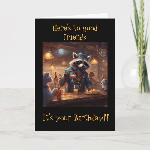 Raccoons and Cats share drinks in the bar birthday