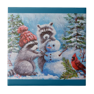 Raccoons, Cardinal, Snowman Decorative Tiles