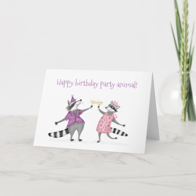 Raccoons celebrating party animal birthday card (Front)
