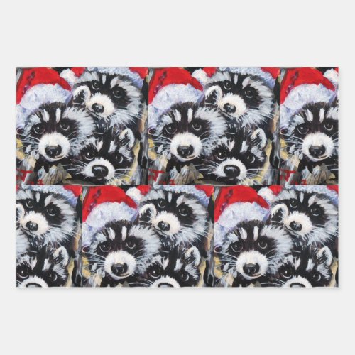 Raccoons Christmas Santa Hat Original Art Wrapping Paper Sheets