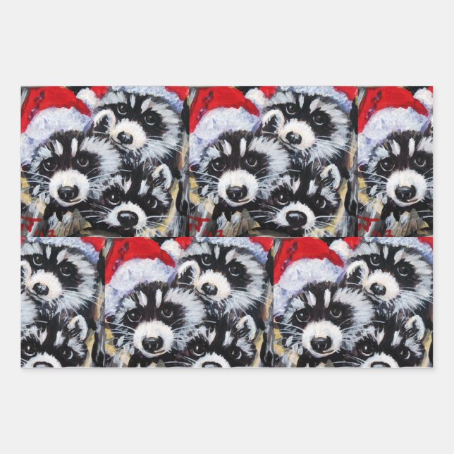 Raccoons Christmas Santa Hat Original Art Wrapping Paper Sheets (Front)