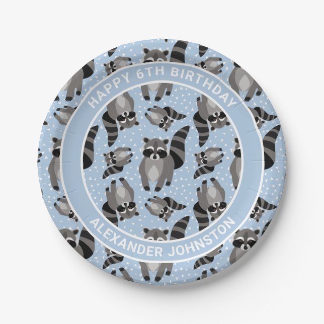 Raccoons Custom Blue Birthday Party Paper Plates (Front)