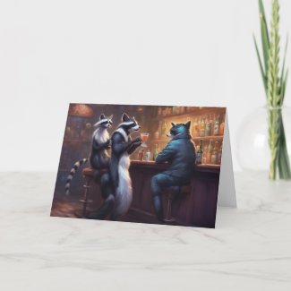 Raccoons having drinks in a bar talking trash