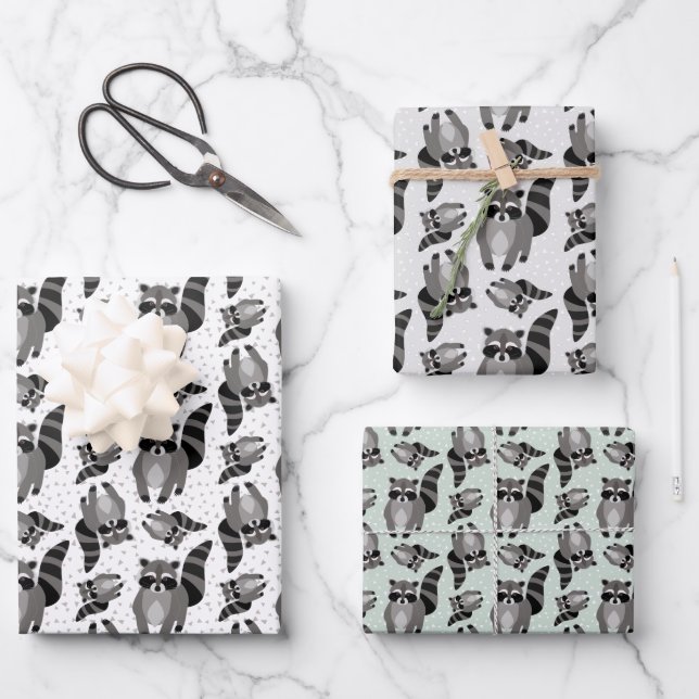 Raccoons in the Falling Snow Wrapping Paper Sheets (Front)