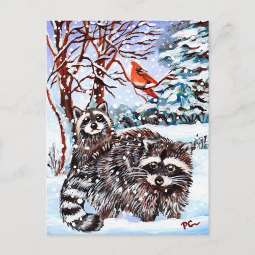Raccoons in the Snow Postcard