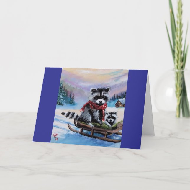 Raccoons on sled Blank Christmas Greeting Card (Front)