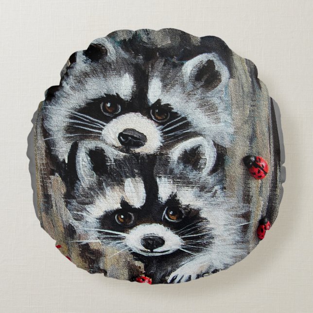 Raccoons Peeking Round Pillow (Front)