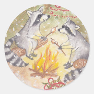 Raccoons Roasting Marshmallows Holiday Stickers