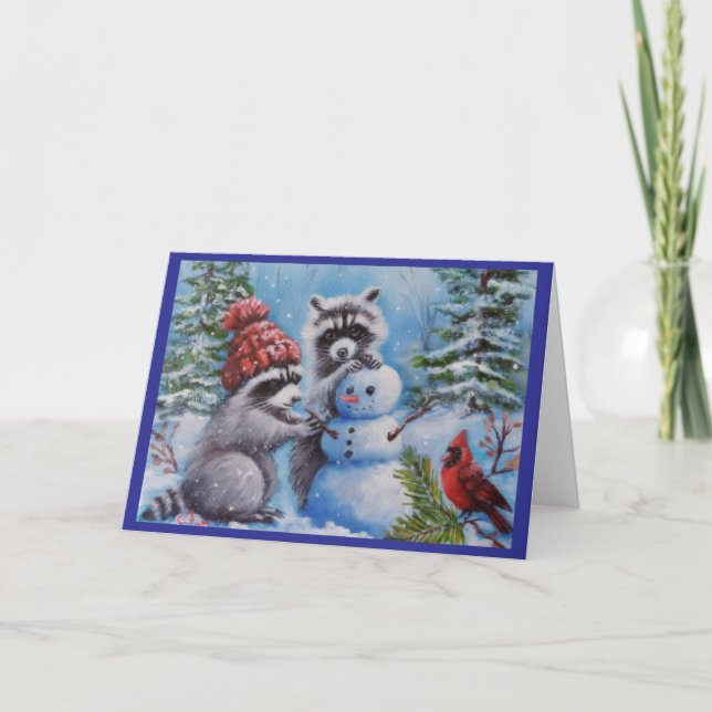  Raccoons Snowman Cardinal Bland Greeting Card (Front)