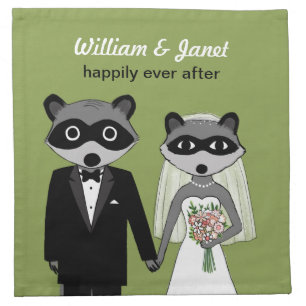Raccoons Wedding  Bride and Groom with Custom Text Cloth Napkin