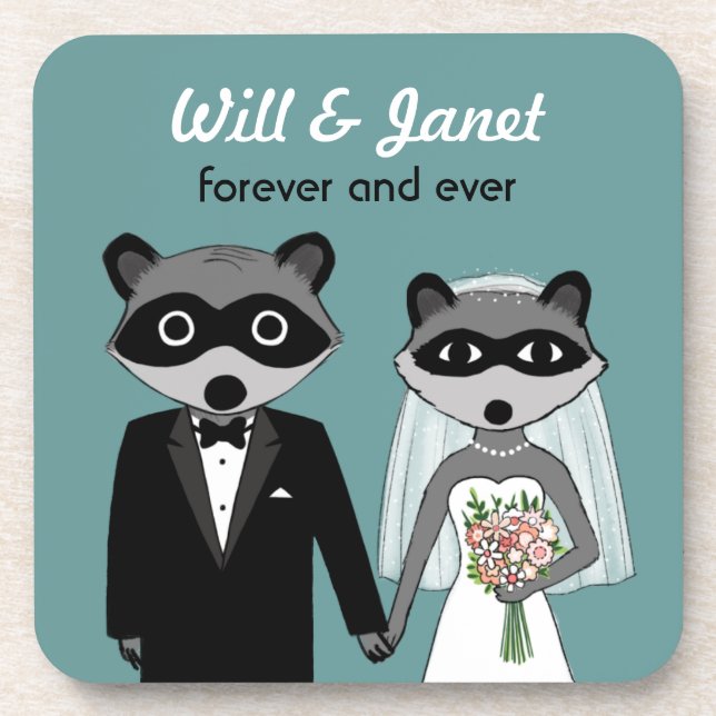 Raccoons Wedding Bride and Groom with Custom Text Drink Coaster (Front)