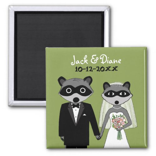 Raccoons Wedding Bride and Groom with Custom Text Magnet