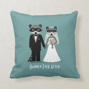 Raccoons Wedding Bride and Groom with Custom Text Throw Pillow