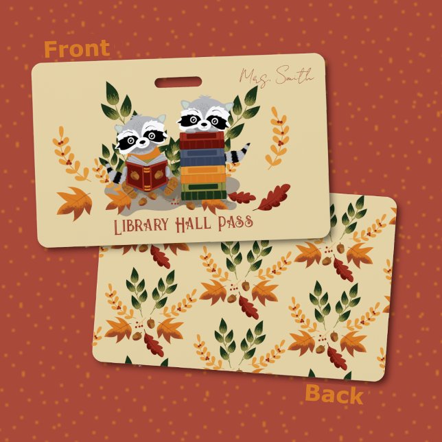 Raccoons with Books Library Hall Pass Badge (Front and back view of the hall pass badge .)