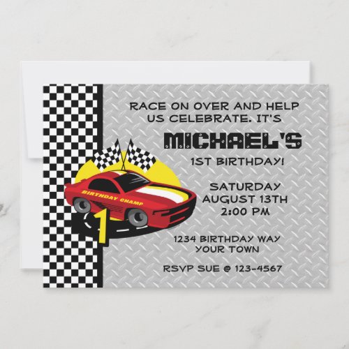 Race Car 1st Birthday Party Invitation