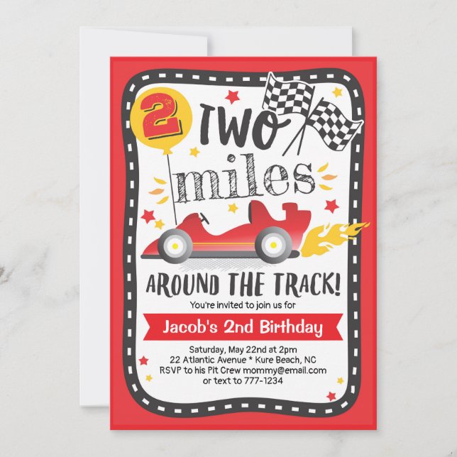Race Car 2 Miles Around the Track 2nd Birthday Invitation (Front)