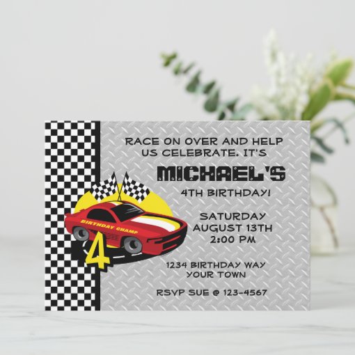 Race Car 4th Birthday Party Invitation | Zazzle